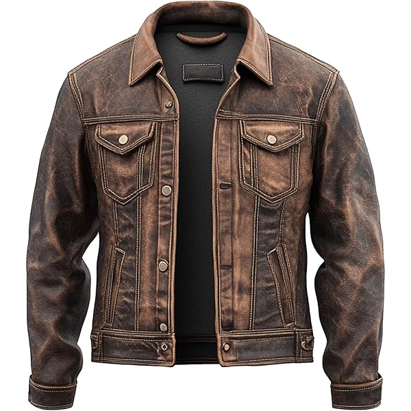 The Next Mens Vintage Leather Trucker Jacket Flaps Slanted